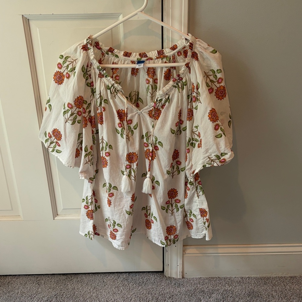 Old Navy White Peasant Blouse with Orange Floral Print